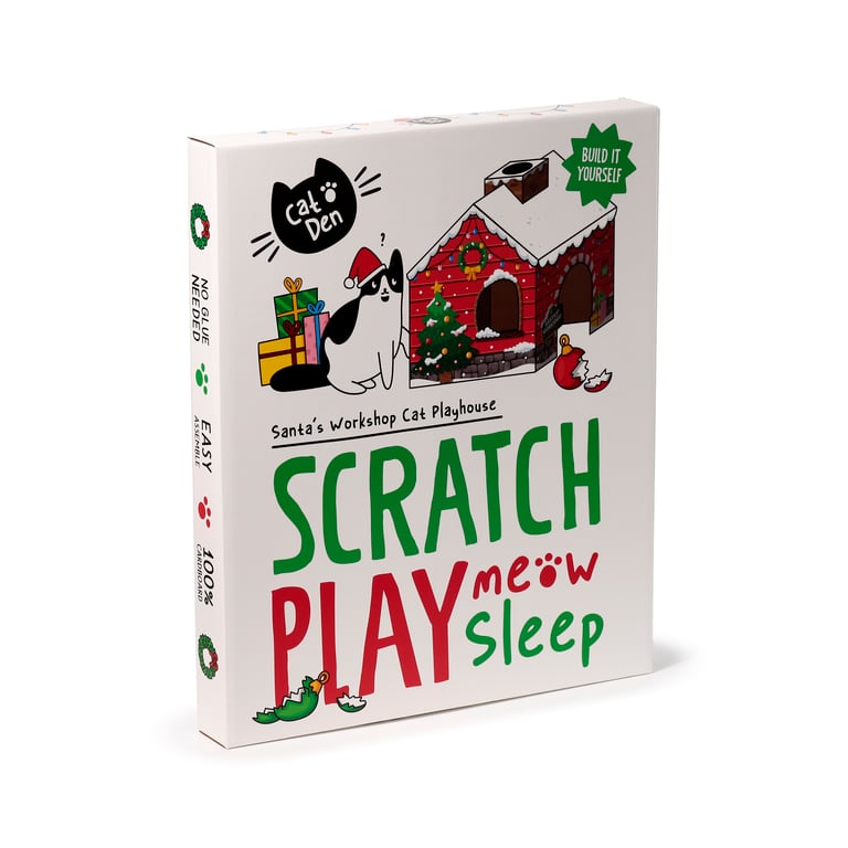 Cardboard Cat Den Playhouse - Christmas Grotto with Built-in Scratch Mat and Gift-Winning Design