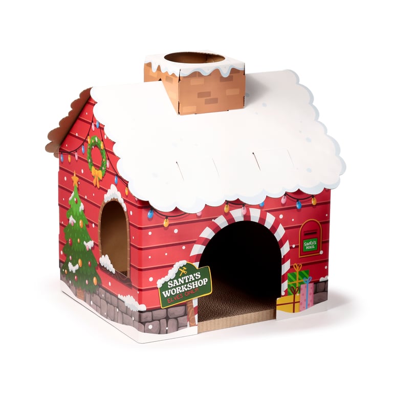 Cardboard Cat Den Playhouse - Christmas Grotto with Built-in Scratch Mat and Gift-Winning Design