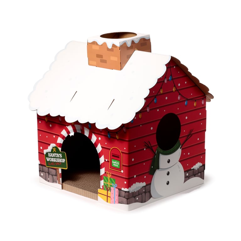 Cardboard Cat Den Playhouse - Christmas Grotto with Built-in Scratch Mat and Gift-Winning Design