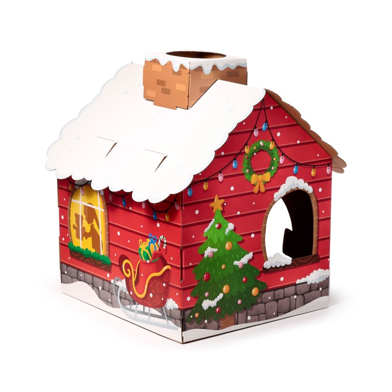 Cardboard Cat Den Playhouse - Christmas Grotto with Built-in Scratch Mat and Gift-Winning Design