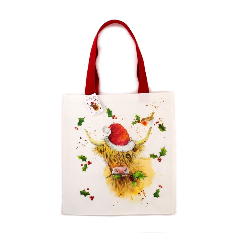 Jan Pashley Christmas Highland Coo Reusable Cotton Polyester Tote Bag