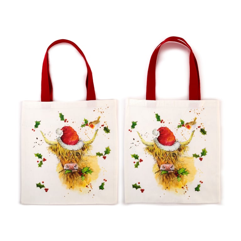 Jan Pashley Christmas Highland Coo Reusable Cotton Polyester Tote Bag
