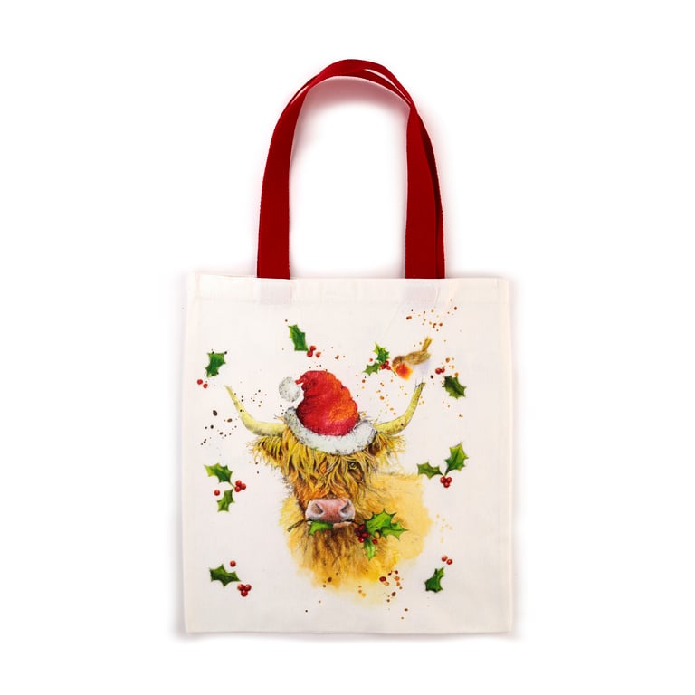Jan Pashley Christmas Highland Coo Reusable Cotton Polyester Tote Bag