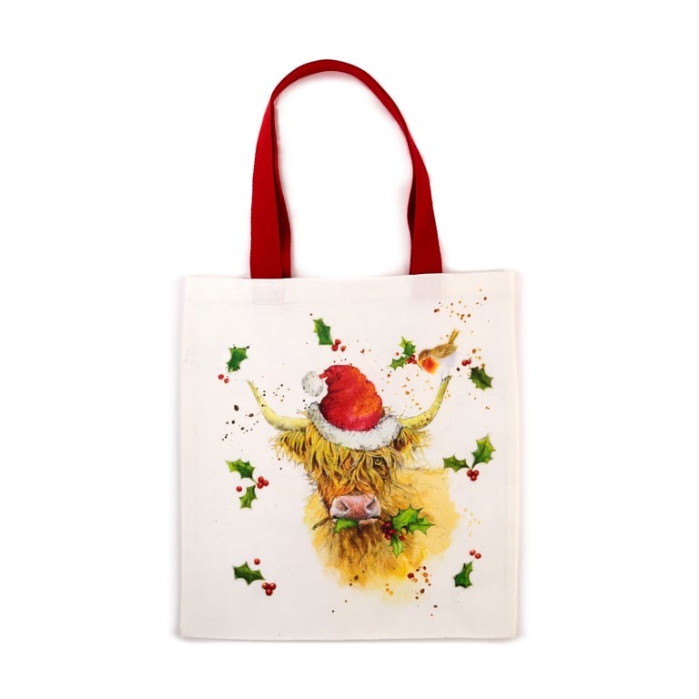 Jan Pashley Christmas Highland Coo Reusable Cotton Polyester Tote Bag