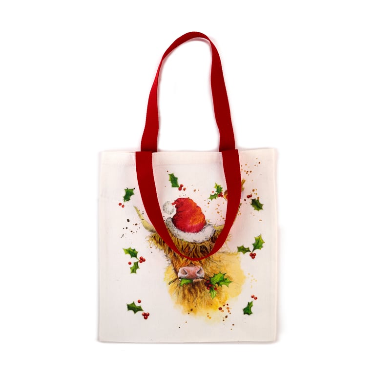 Jan Pashley Christmas Highland Coo Reusable Cotton Polyester Tote Bag