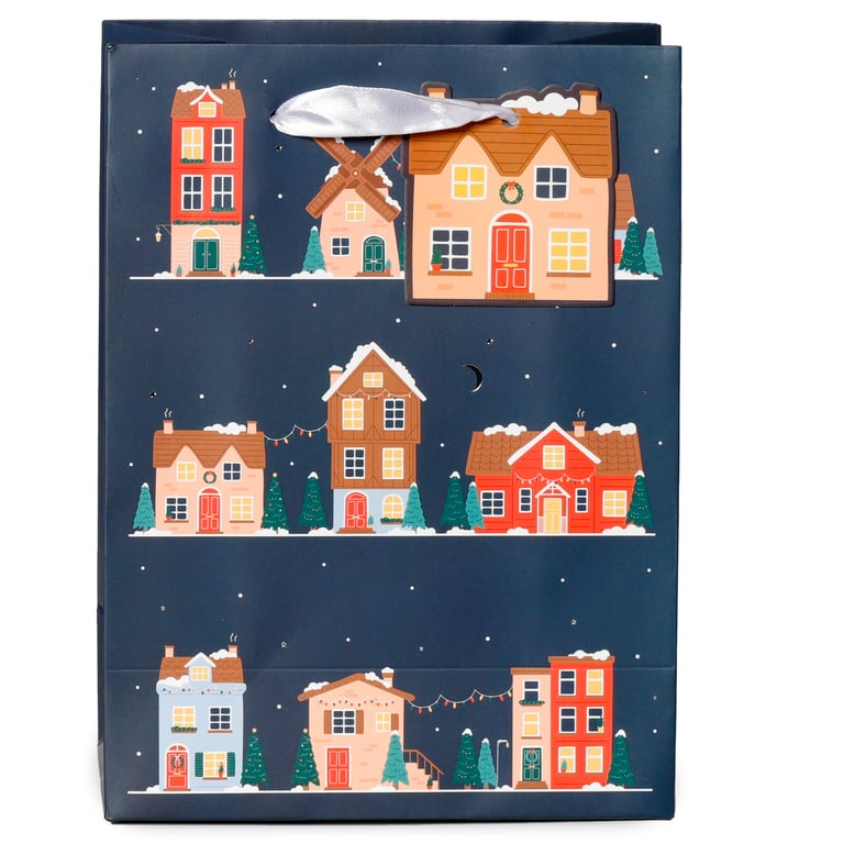 Medium Christmas Gift Bag with Card Tag and Ribbon Handles - Christmas Village