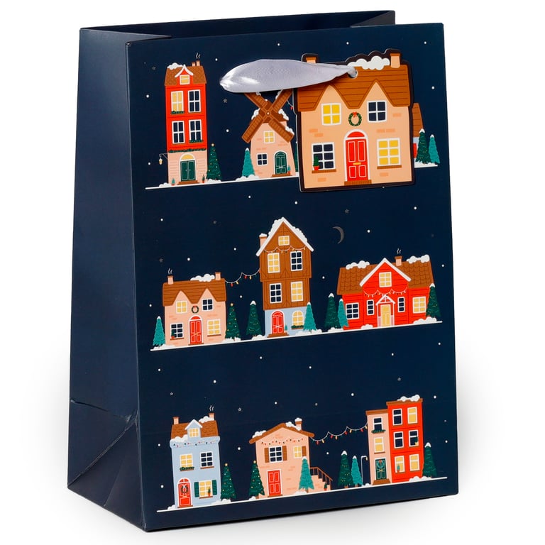 Medium Christmas Gift Bag with Card Tag and Ribbon Handles - Christmas Village