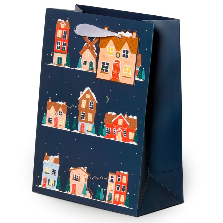 Medium Christmas Gift Bag with Card Tag and Ribbon Handles - Christmas Village