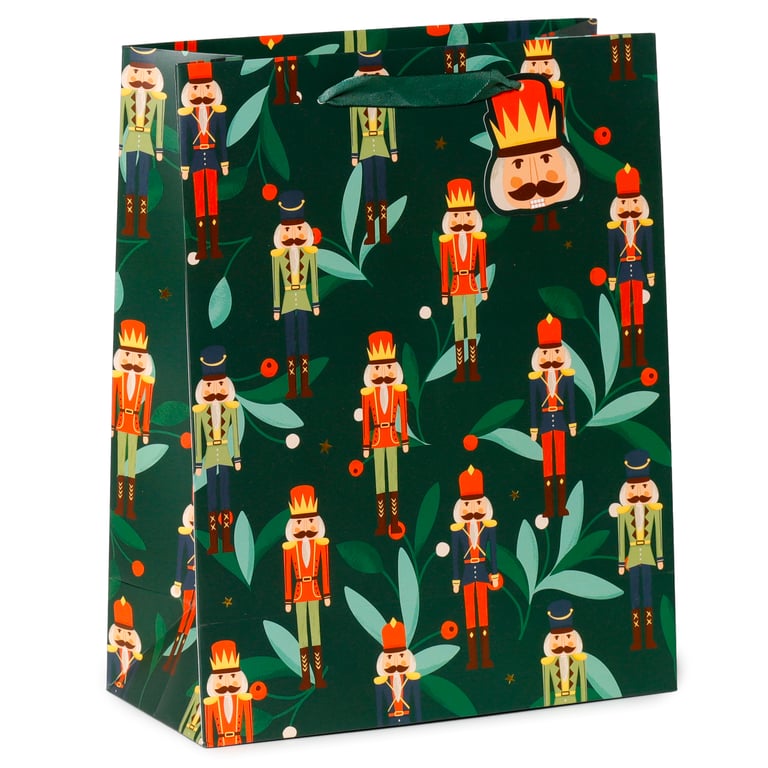 Large Christmas Gift Bag with Nutcracker Design and Ribbon Handles