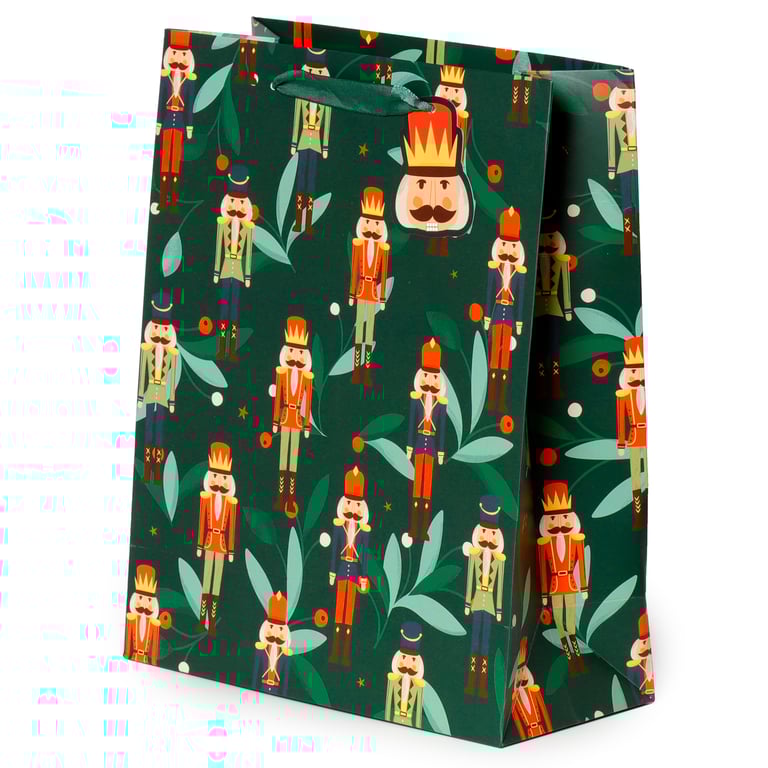 Large Christmas Gift Bag with Nutcracker Design and Ribbon Handles