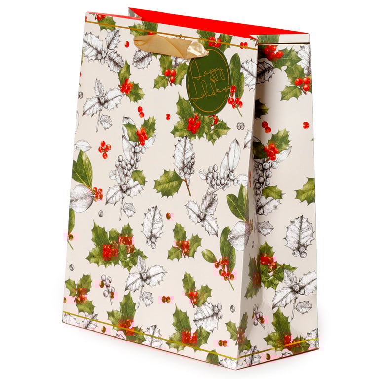 Large Christmas Gift Bag with Winter Botanicals Holly Design and Ribbon Handles