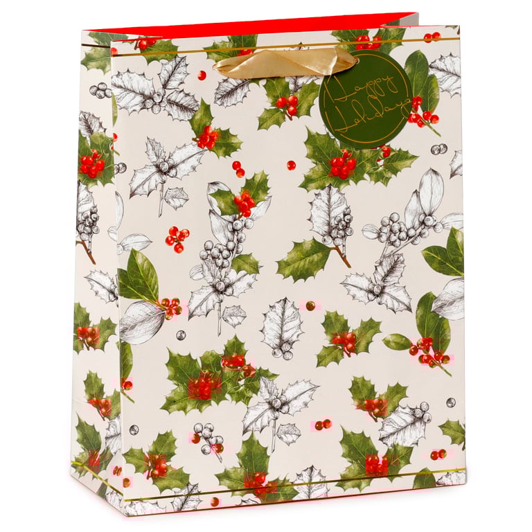 Large Christmas Gift Bag with Winter Botanicals Holly Design and Ribbon Handles