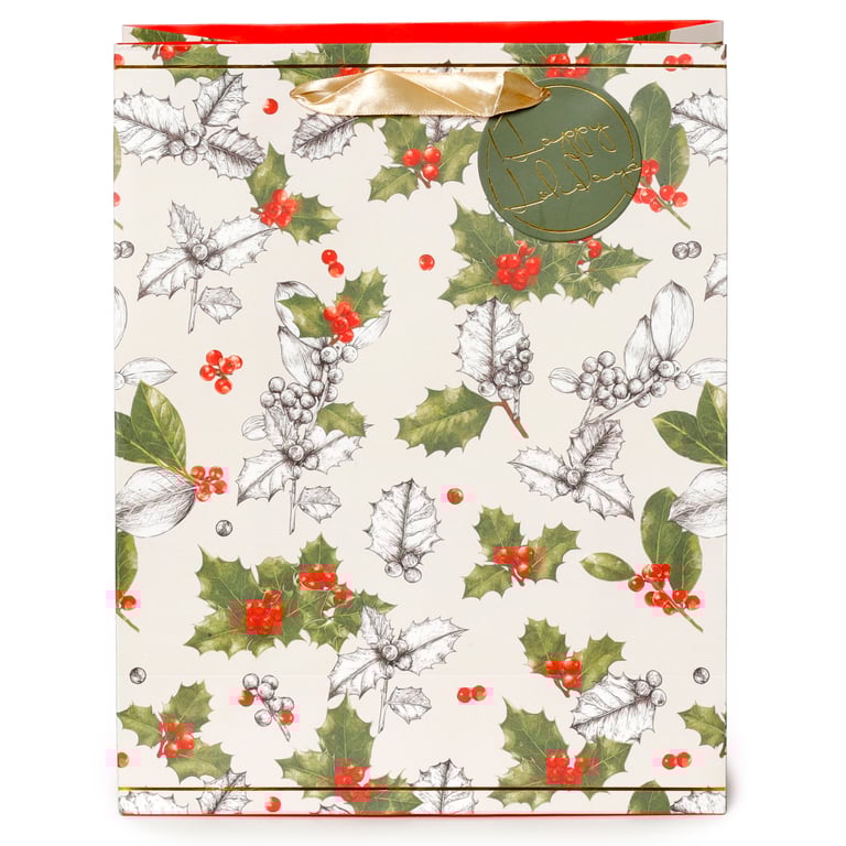 Large Christmas Gift Bag with Winter Botanicals Holly Design and Ribbon Handles