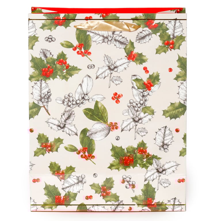 Large Christmas Gift Bag with Winter Botanicals Holly Design and Ribbon Handles