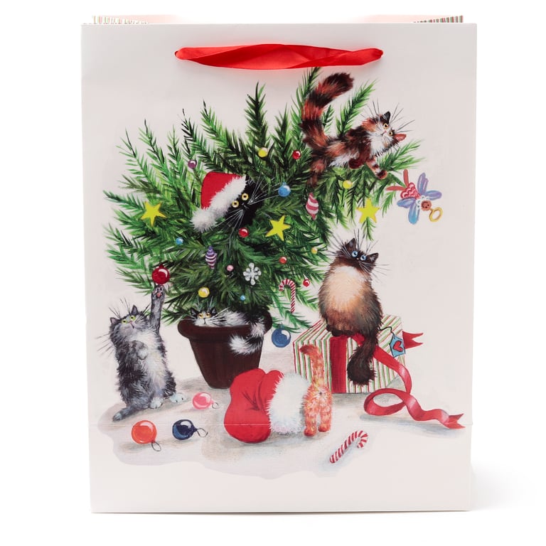 Kim Haskins Cats Licensed Christmas Gift Bag - Card Design with Ribbon Handles