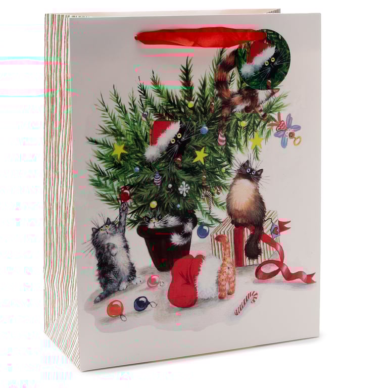 Kim Haskins Cats Licensed Christmas Gift Bag - Card Design with Ribbon Handles