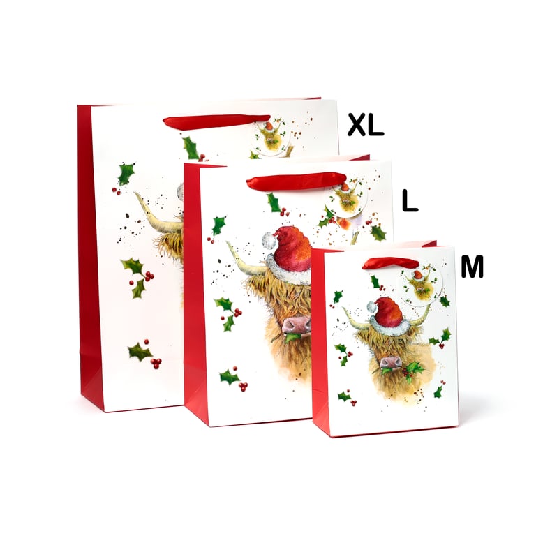 Jan Pashley Highland Coo Licensed Christmas Gift Bag - Card Tag & Ribbon Handles