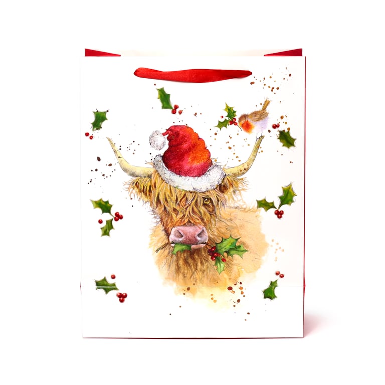Jan Pashley Highland Coo Licensed Christmas Gift Bag - Card Tag & Ribbon Handles
