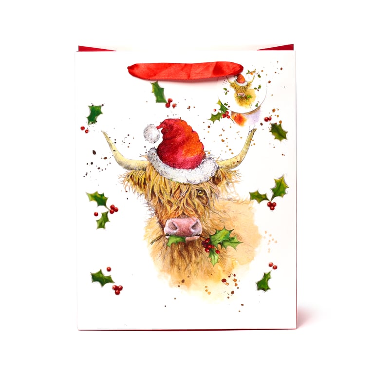 Jan Pashley Highland Coo Licensed Christmas Gift Bag - Card Tag & Ribbon Handles