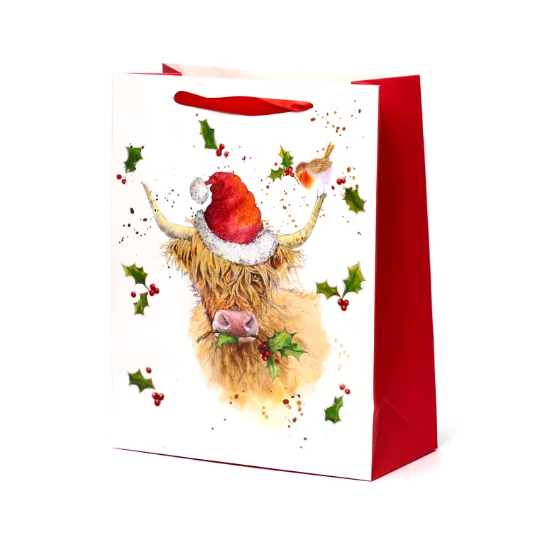 Jan Pashley Highland Coo Licensed Christmas Gift Bag - Card Tag & Ribbon Handles