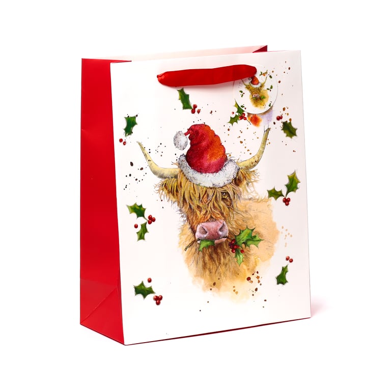 Jan Pashley Highland Coo Licensed Christmas Gift Bag - Card Tag & Ribbon Handles