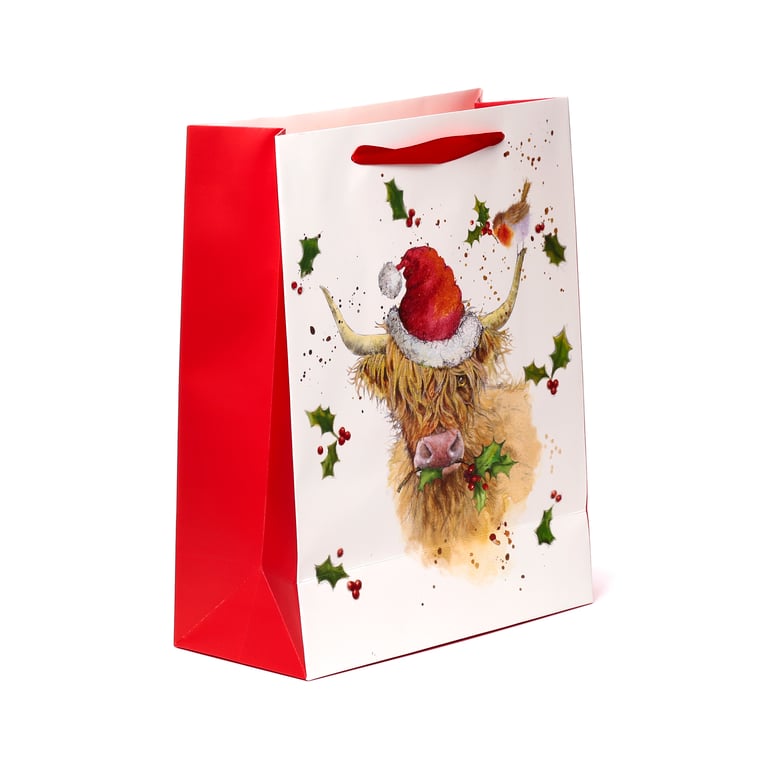 Jan Pashley Highland Coo Licensed Christmas Gift Bag - Card Tag & Ribbon Handles