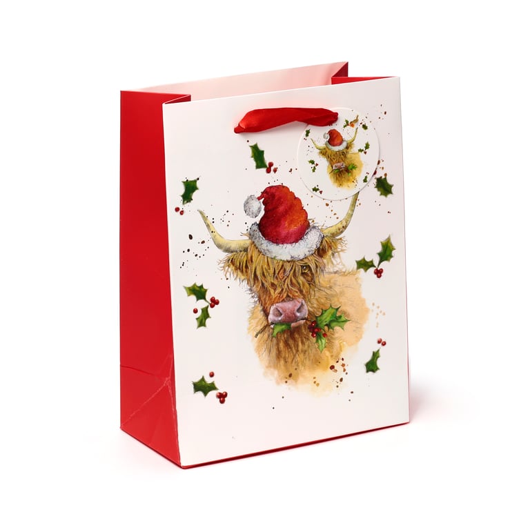Jan Pashley Highland Coo Licensed Christmas Gift Bag with Ribbon Handles and Card Tag