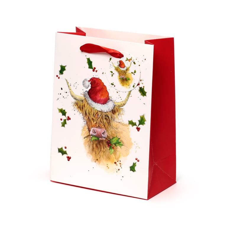Jan Pashley Highland Coo Licensed Christmas Gift Bag with Ribbon Handles and Card Tag