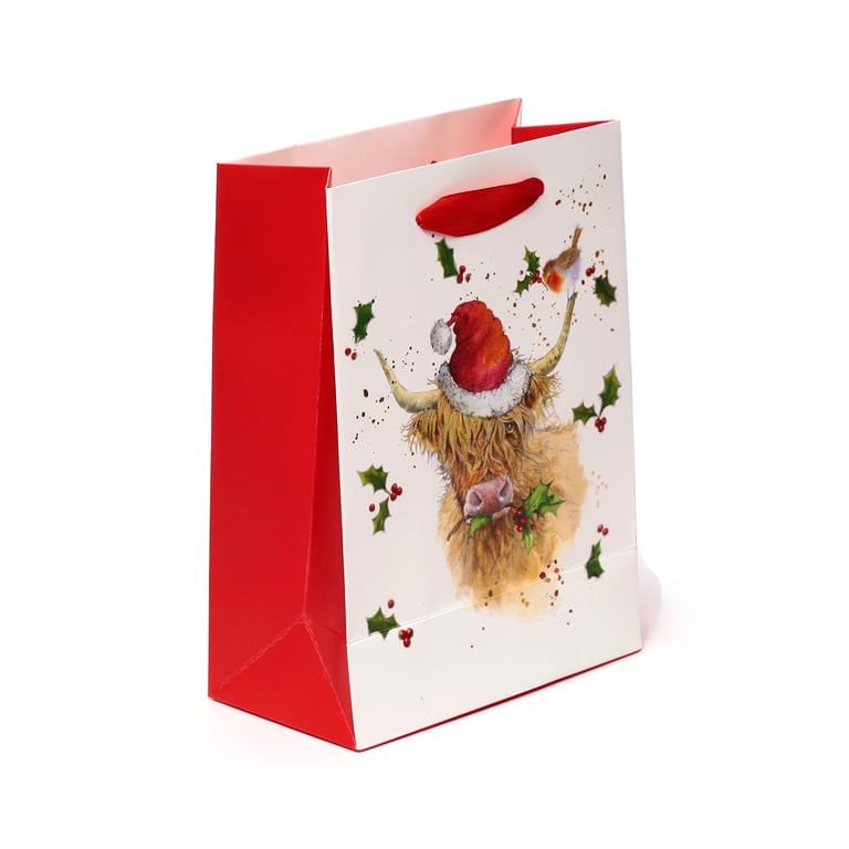 Jan Pashley Highland Coo Licensed Christmas Gift Bag with Ribbon Handles and Card Tag