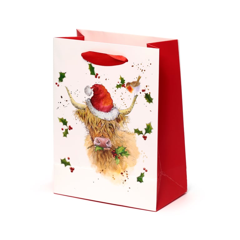 Jan Pashley Highland Coo Licensed Christmas Gift Bag with Ribbon Handles and Card Tag