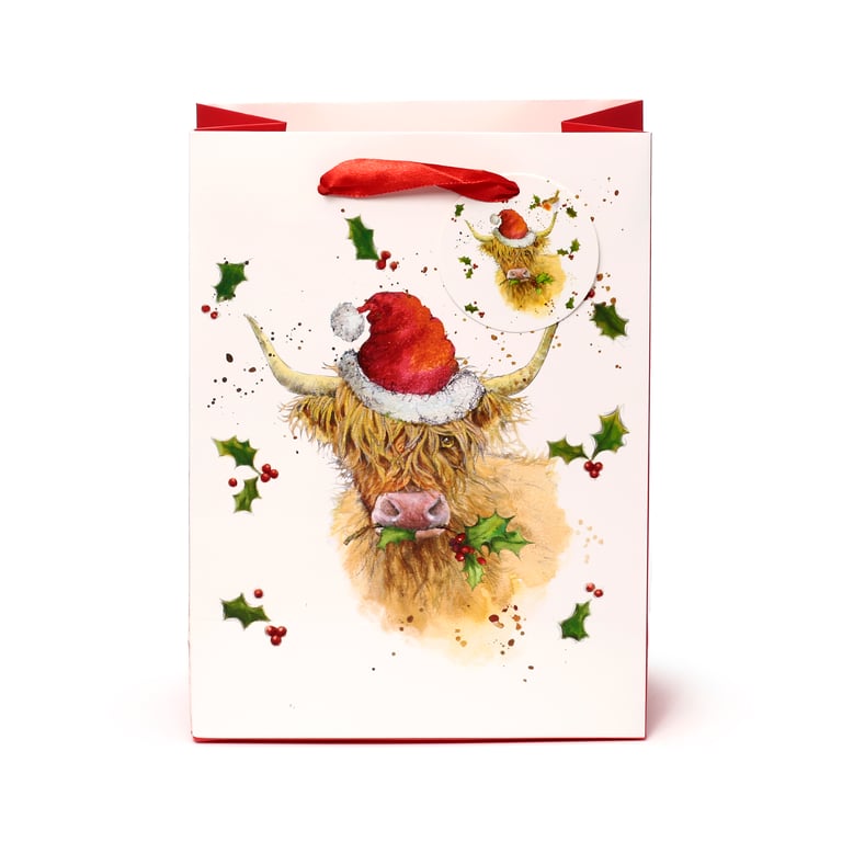 Jan Pashley Highland Coo Licensed Christmas Gift Bag with Ribbon Handles and Card Tag