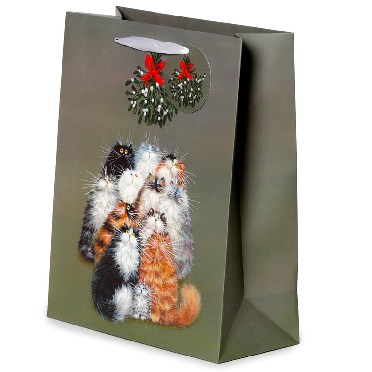 Licensed Christmas Gift Bag - Kim Haskins Mistletoe Cats Design with Ribbon Handles and Gift Tag
