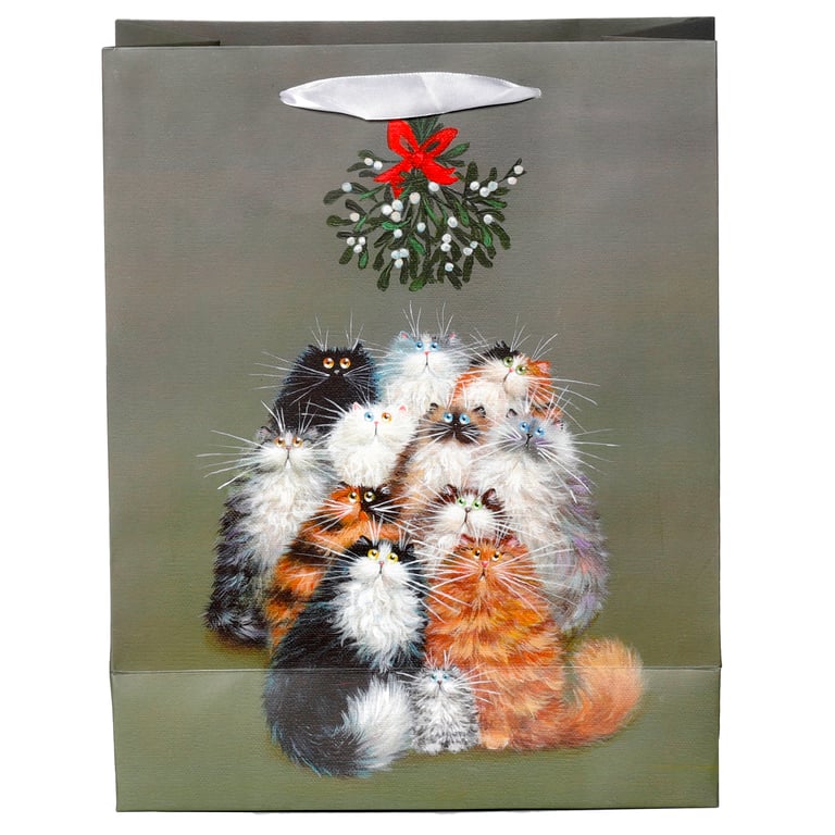 Licensed Christmas Gift Bag - Kim Haskins Mistletoe Cats Design with Ribbon Handles and Gift Tag