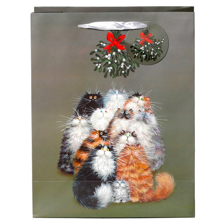 Licensed Christmas Gift Bag - Kim Haskins Mistletoe Cats Design with Ribbon Handles and Gift Tag