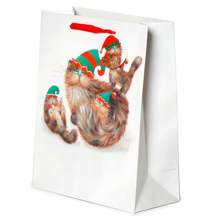 Large Licensed Kim Haskins Christmas Elves Cat Gift Bag with Ribbon Handles
