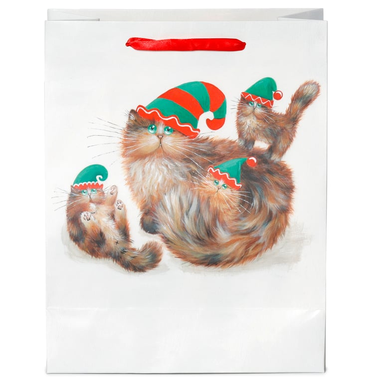 Large Licensed Kim Haskins Christmas Elves Cat Gift Bag with Ribbon Handles