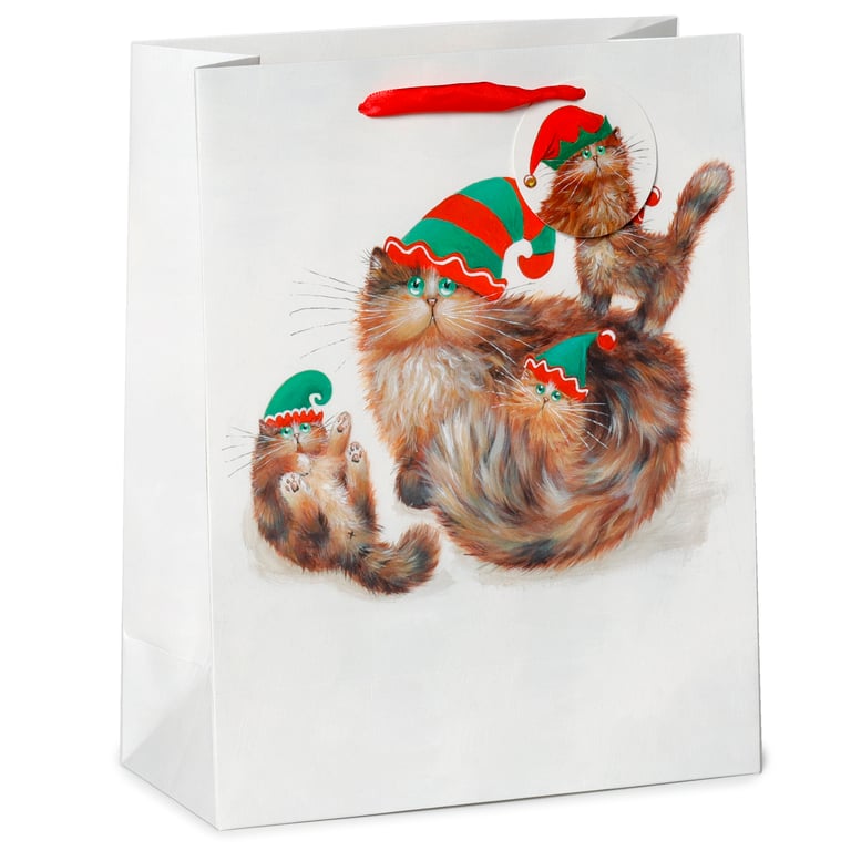 Large Licensed Kim Haskins Christmas Elves Cat Gift Bag with Ribbon Handles