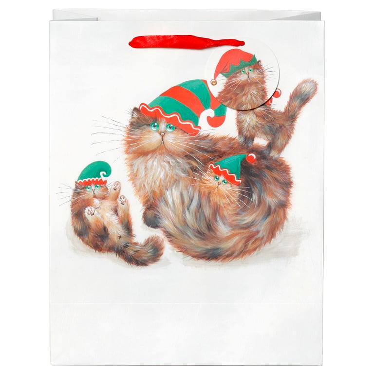 Large Licensed Kim Haskins Christmas Elves Cat Gift Bag with Ribbon Handles