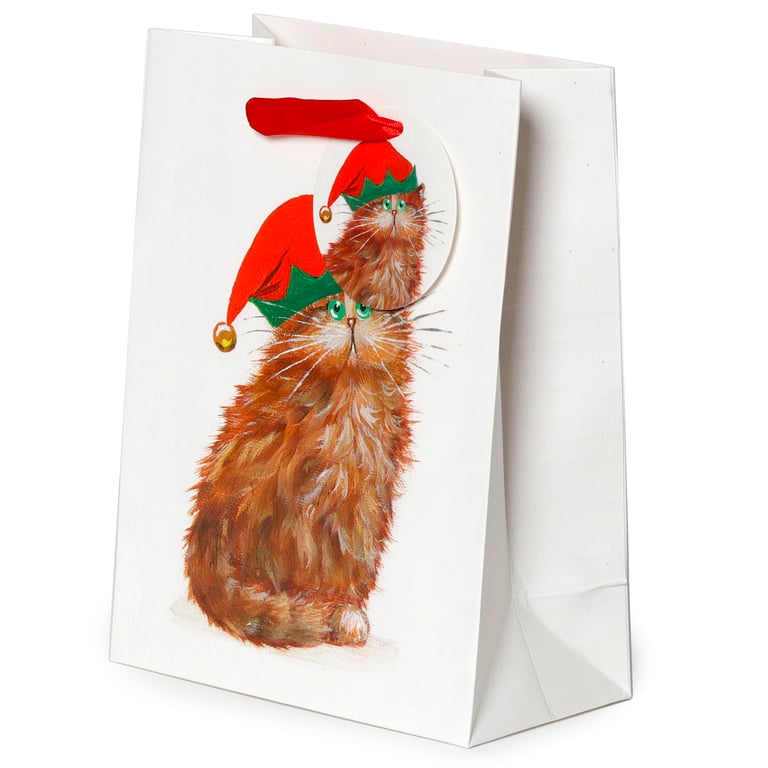 Kim Haskins Christmas Elves Cats Licensed Gift Bag - Card Gift Bag with Ribbon Handles