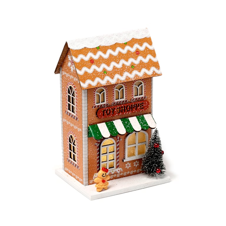 LED Christmas Gingerbread House Decoration - Biodegradable Glitter & MDF Material with LR44 Batteries Included