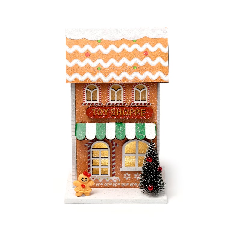 LED Christmas Gingerbread House Decoration - Biodegradable Glitter & MDF Material with LR44 Batteries Included