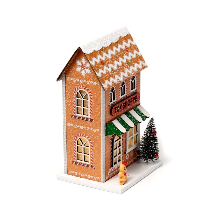 LED Christmas Gingerbread House Decoration - Biodegradable Glitter & MDF Material with LR44 Batteries Included