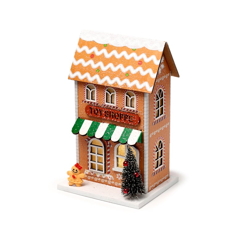 LED Christmas Gingerbread House Decoration - Biodegradable Glitter & MDF Material with LR44 Batteries Included