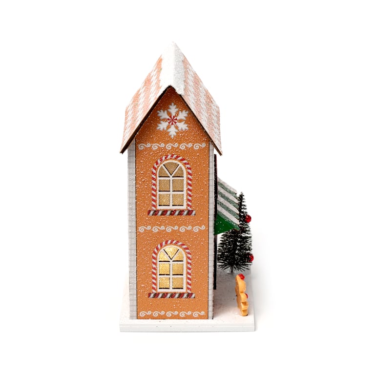 LED Christmas Gingerbread House Decoration - Biodegradable Glitter & MDF Material with LR44 Batteries Included