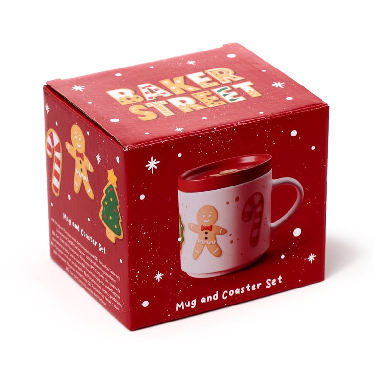 Porcelain Mug & Coaster Lid Set - 420ml Christmas Baker Street Edition, Microwave & Dishwasher Safe