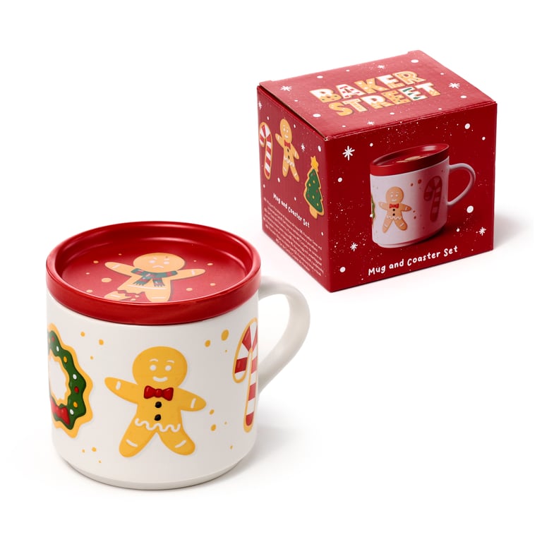 Porcelain Mug & Coaster Lid Set - 420ml Christmas Baker Street Edition, Microwave & Dishwasher Safe