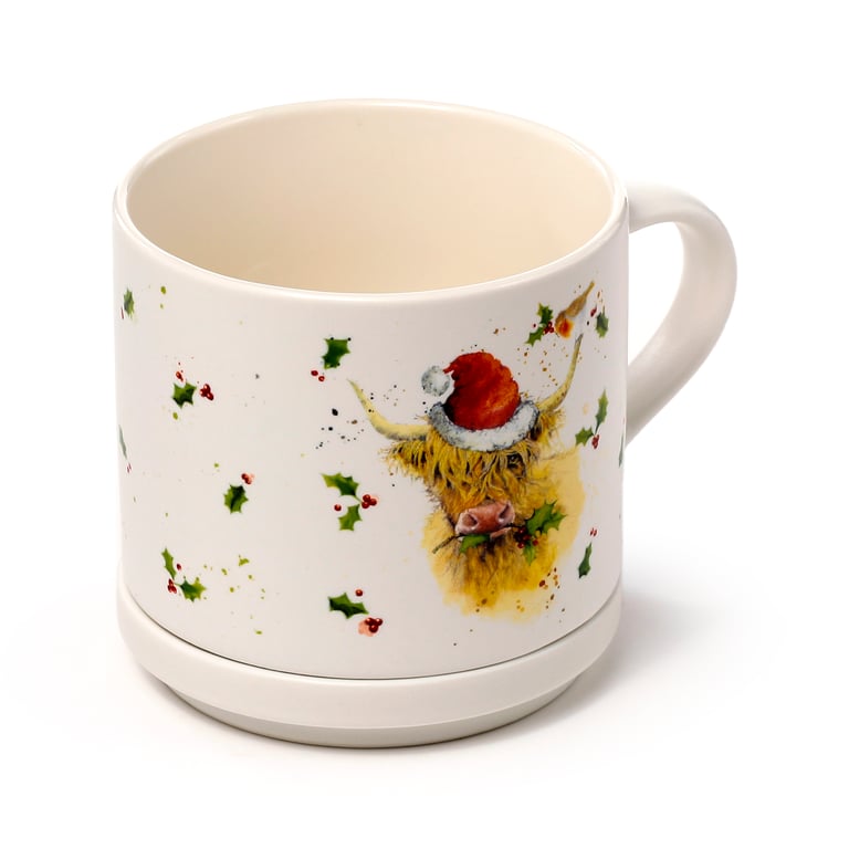 Porcelain Mug & Coaster Lid Set - Christmas Jan Pashley Highland Coo, Microwave Safe & Dishwasher Friendly Porcelain Mug.