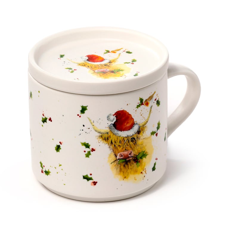 Porcelain Mug & Coaster Lid Set - Christmas Jan Pashley Highland Coo, Microwave Safe & Dishwasher Friendly Porcelain Mug.