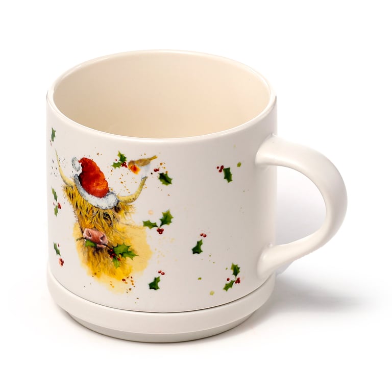 Porcelain Mug & Coaster Lid Set - Christmas Jan Pashley Highland Coo, Microwave Safe & Dishwasher Friendly Porcelain Mug.
