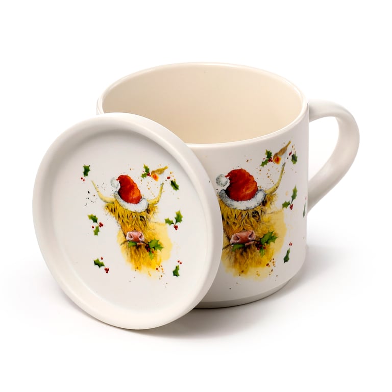 Porcelain Mug & Coaster Lid Set - Christmas Jan Pashley Highland Coo, Microwave Safe & Dishwasher Friendly Porcelain Mug.